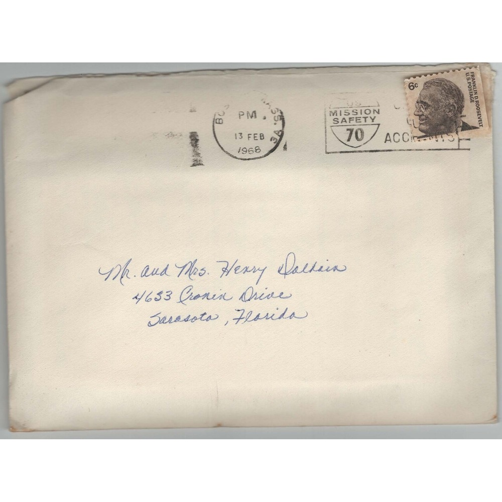 Vtg 1968 Postmarked Envelope 6c FDR Stamp Mission Safety 70 Cancel Waltham MA - Picture 1 of 2